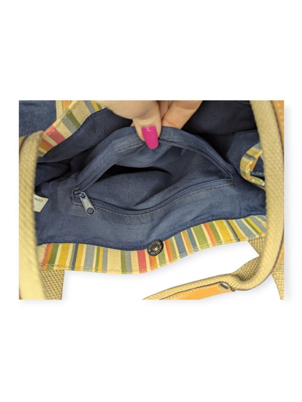 Denim & Tan Cotton Canvas Tote Multi-Stripe Trim Double Hand1es 3" x 9" x 5.5" - Picture 11 of 15